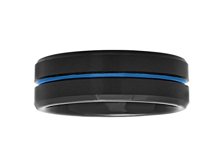Tungsten Comfortâ„¢ Tungsten 8MM Black with Blue Ion Plated Grooved Band