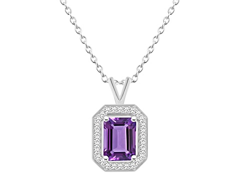 8x6mm Emerald Cut Amethyst 1/7 ctw Diamond Rhodium Over Sterling Silver Halo Pendant with Chain