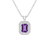 8x6mm Emerald Cut Amethyst 1/7 ctw Diamond Rhodium Over Sterling Silver Halo Pendant with Chain