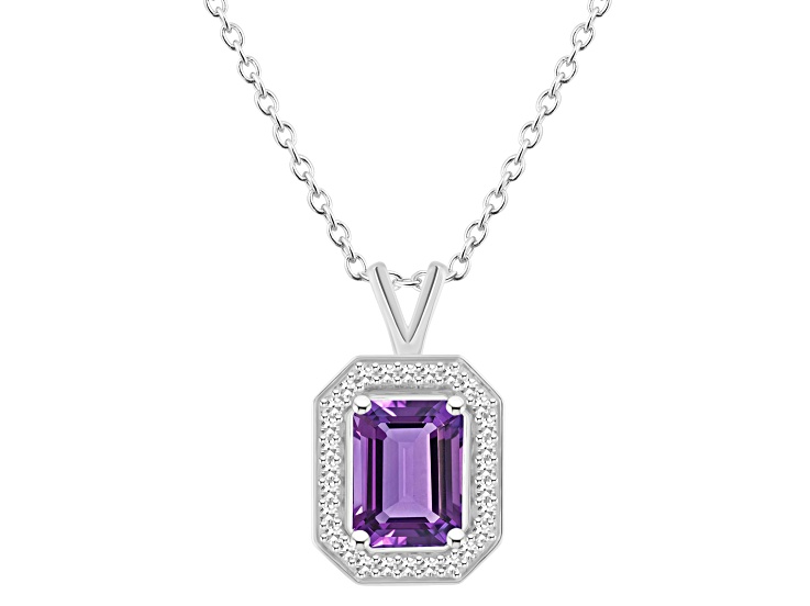 8x6mm Emerald Cut Amethyst 1/7 ctw Diamond Rhodium Over Sterling Silver Halo Pendant with Chain