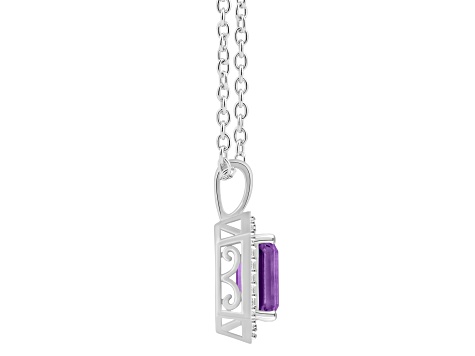 8x6mm Emerald Cut Amethyst 1/7 ctw Diamond Rhodium Over Sterling Silver Halo Pendant with Chain