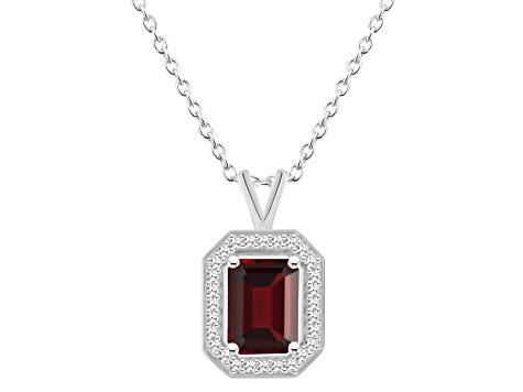 8x6mm Emerald Cut Garnet 1/7 ctw Diamond Rhodium Over Sterling Silver Halo Pendant with Chain