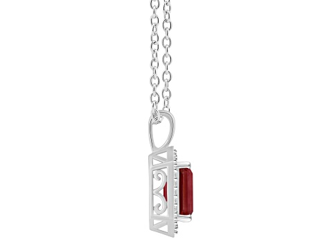 8x6mm Emerald Cut Garnet 1/7 ctw Diamond Rhodium Over Sterling Silver Halo Pendant with Chain