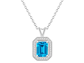 8x6mm Emerald Cut Blue Topaz 1/7 ctw Diamond Rhodium Over Sterling Silver Halo Pendant with Chain