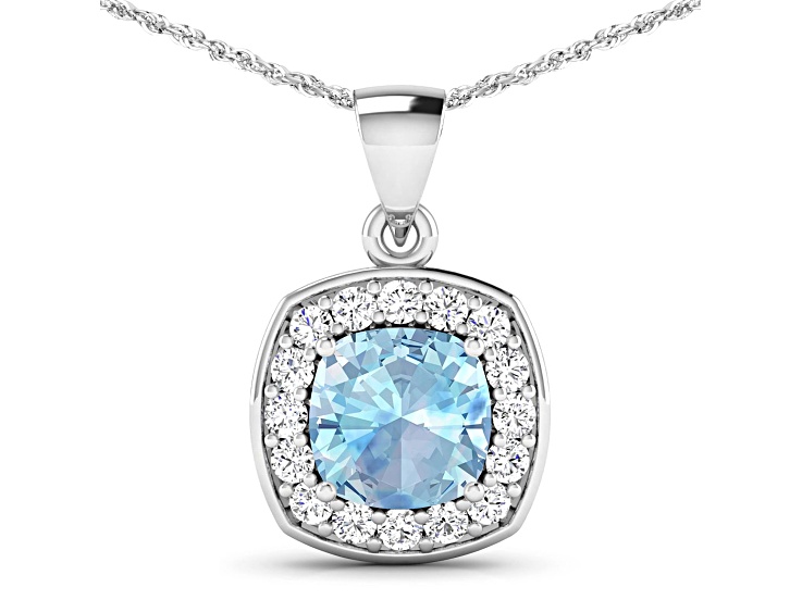 1.70ctw 14K White Gold Cushion Aquamarine and White Diamond Pendant with 18 inch Cable Chain