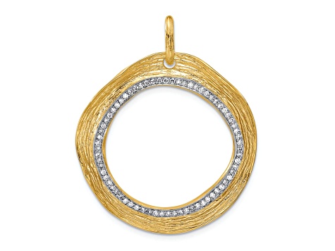 14K Yellow Gold with White Rhodium Diamond Textured Circle Pendant