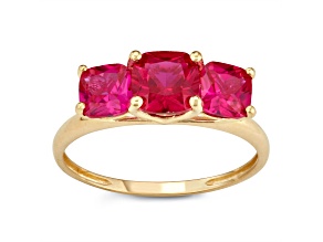 Square Cushion Lab Created Ruby 3-Stone 10K Yellow Gold Ring 1.85ctw