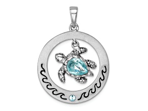 Rhodium Over Sterling Silver Round Moveable Crystal Turtle Pendant
