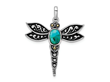 Picture of Rhodium Over Sterling Silver Oxidized Turquoise and Marcasite Dragonfly Pendant