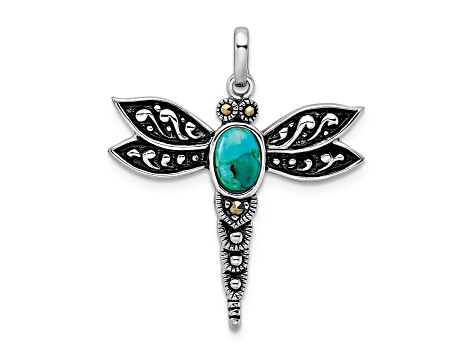 Rhodium Over Sterling Silver Oxidized Turquoise and Marcasite Dragonfly Pendant