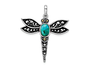 Rhodium Over Sterling Silver Oxidized Turquoise and Marcasite Dragonfly Pendant