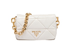 Prada Gold Logo Ivory Quilted Nappa Patch Leather Shoulder Bag