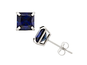 Lab Created Blue Sapphire Princess Cut 10K White Gold Stud Earrings, 2.6ctw