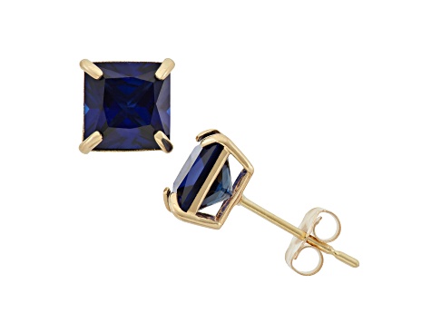 Lab Created Blue Sapphire Princess Cut 10K Yellow Gold Stud Earrings, 2.6ctw