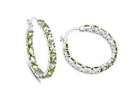 Green Peridot Rhodium Over Sterling Silver Round Hoop Earrings Gift For Women