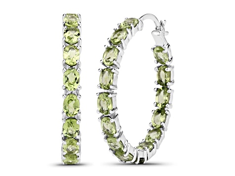Green Peridot Rhodium Over Sterling Silver Round Hoop Earrings Gift For Women