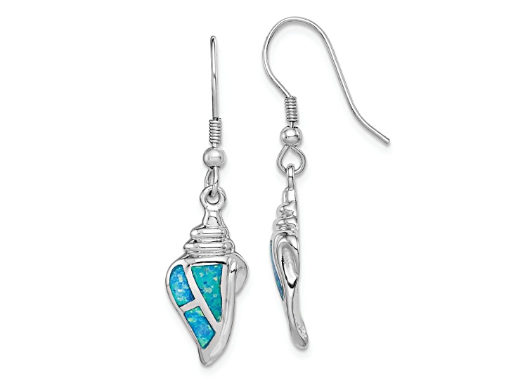 Rhodium Over Sterling Silver Lab Created Opal Seashell Dangle Earrings