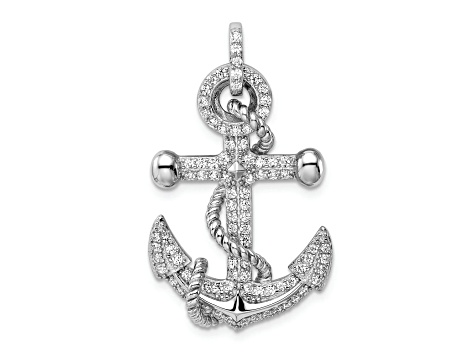 Rhodium Over Sterling Silver Cubic Zirconia Anchor Pendant