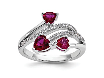 Picture of Rhodium Over Sterling Silver Polished Lab Created Ruby and Cubic Zirconia Hearts Ring