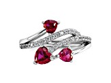Rhodium Over Sterling Silver Polished Lab Created Ruby and Cubic Zirconia Hearts Ring