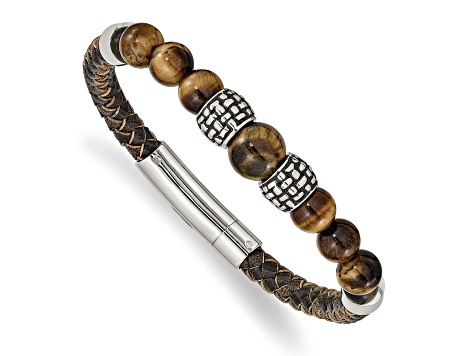 Stainless Steel Antiqued and Polished Tiger's Eye Leather 8.5-inch Bracelet