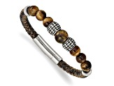 Stainless Steel Antiqued and Polished Tiger's Eye Leather 8.5-inch Bracelet
