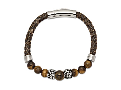 Stainless Steel Antiqued and Polished Tiger's Eye Leather 8.5-inch Bracelet