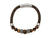 Stainless Steel Antiqued and Polished Tiger's Eye Leather 8.5-inch Bracelet