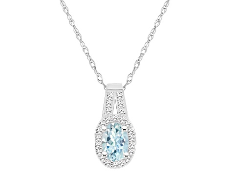 6x4mm Oval Aquamarine 1/8 ctw Diamond Rhodium Over Sterling Silver Halo Pendant with Chain