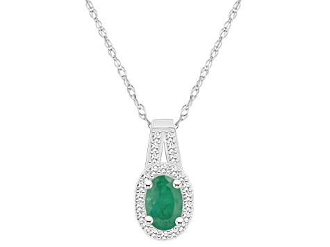 6x4mm Oval Emerald 1/8 ctw Diamond Rhodium Over Sterling Silver Halo Pendant with Chain