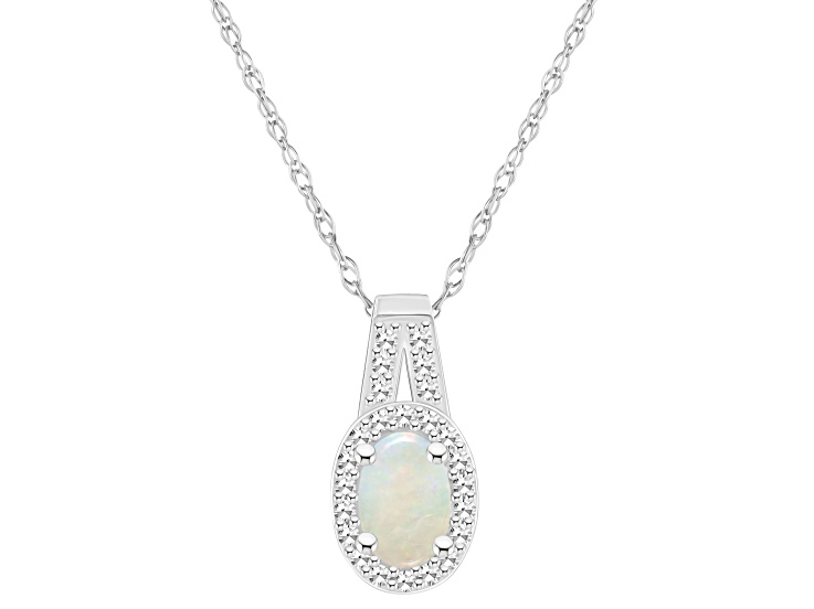 6x4mm Oval Opal 1/8 ctw Diamond Rhodium Over Sterling Silver Halo Pendant with Chain