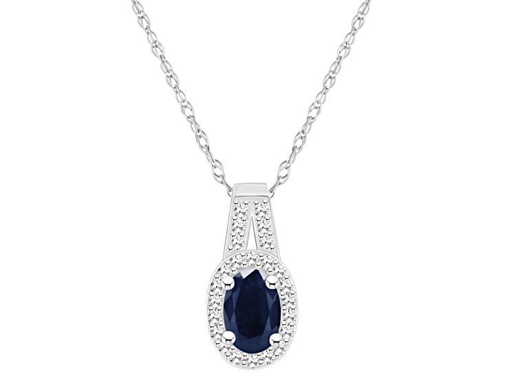 6x4mm Oval Sapphire 1/8 ctw Diamond Rhodium Over Sterling Silver Halo Pendant with Chain