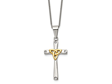 White Cubic Zirconia Stainless Steel Polished Yellow IP-plated Men's Cross Pendant With Chain