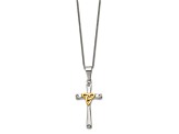 White Cubic Zirconia Stainless Steel Polished Yellow IP-plated Men's Cross Pendant With Chain