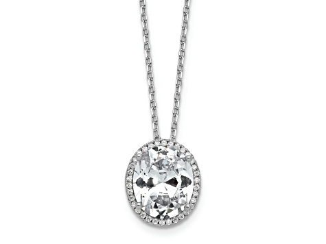 Rhodium Over Sterling Silver Fancy Oval Cubic Zirconia Halo With 2 Inch Extension Necklace