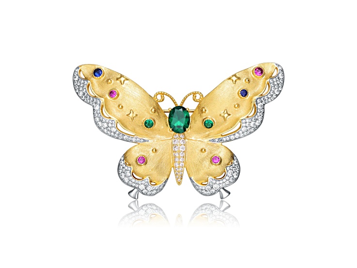 Green Color CZ, Two Tone Rhodium & 14k Yellow Gold Plated over Sterling Silver Floral Pin