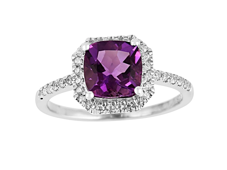Purple Amethyst with Moissanite Accents Rhodium Over Sterling Silver Asscher Cut Ring