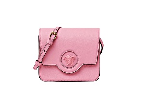 Versace La Medusa Logo Plaque Pink Pebbled Leather Crossbody Bag