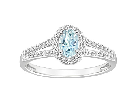 6x4mm Oval Aquamarine 1/4 ctw Diamond Rhodium Over Sterling Silver Halo Ring