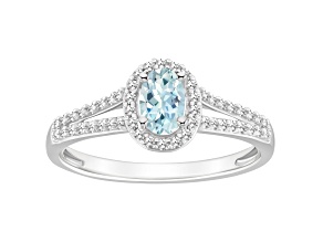 6x4mm Oval Aquamarine 1/4 ctw Diamond Rhodium Over Sterling Silver Halo Ring