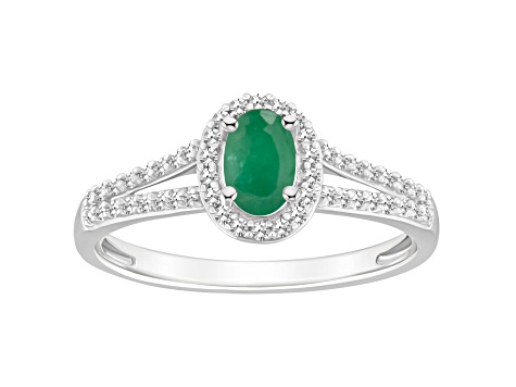 6x4mm Oval Emerald 1/4 ctw Diamond Rhodium Over Sterling Silver Halo Ring