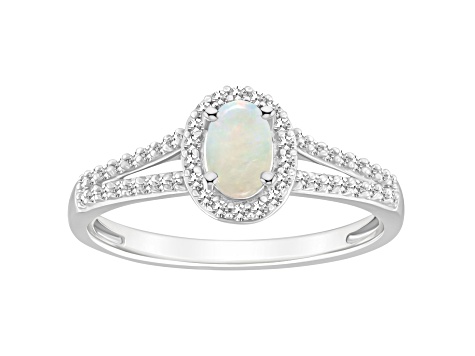 6x4mm Oval Opal 1/4 ctw Diamond Rhodium Over Sterling Silver Halo Ring