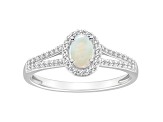 6x4mm Oval Opal 1/4 ctw Diamond Rhodium Over Sterling Silver Halo Ring