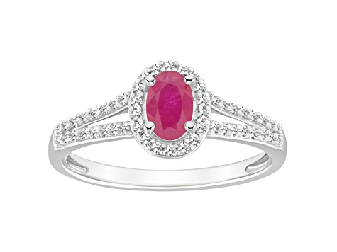 6x4mm Oval Ruby 1/4 ctw Diamond Rhodium Over Sterling Silver Halo Ring