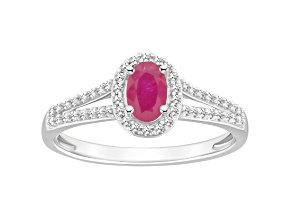 6x4mm Oval Ruby 1/4 ctw Diamond Rhodium Over Sterling Silver Halo Ring