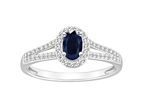 6x4mm Oval Sapphire 1/4 ctw Diamond Rhodium Over Sterling Silver Halo Ring