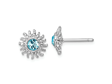 Rhodium Over Sterling Silver Polished Blue Crystal Sun Post Earrings