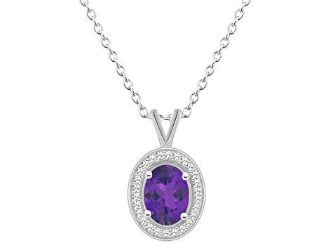 8x6mm Oval Amethyst 1/8 ctw Diamond Rhodium Over Sterling Silver Halo Pendant with Chain