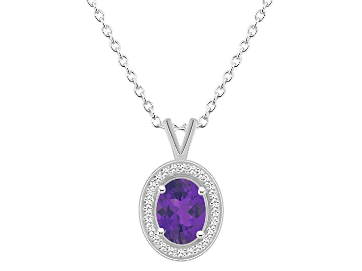 8x6mm Oval Amethyst 1/8 ctw Diamond Rhodium Over Sterling Silver Halo Pendant with Chain