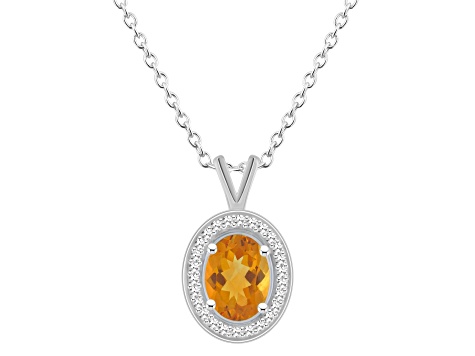 8x6mm Oval Citrine 1/8 ctw Diamond Rhodium Over Sterling Silver Halo Pendant with Chain